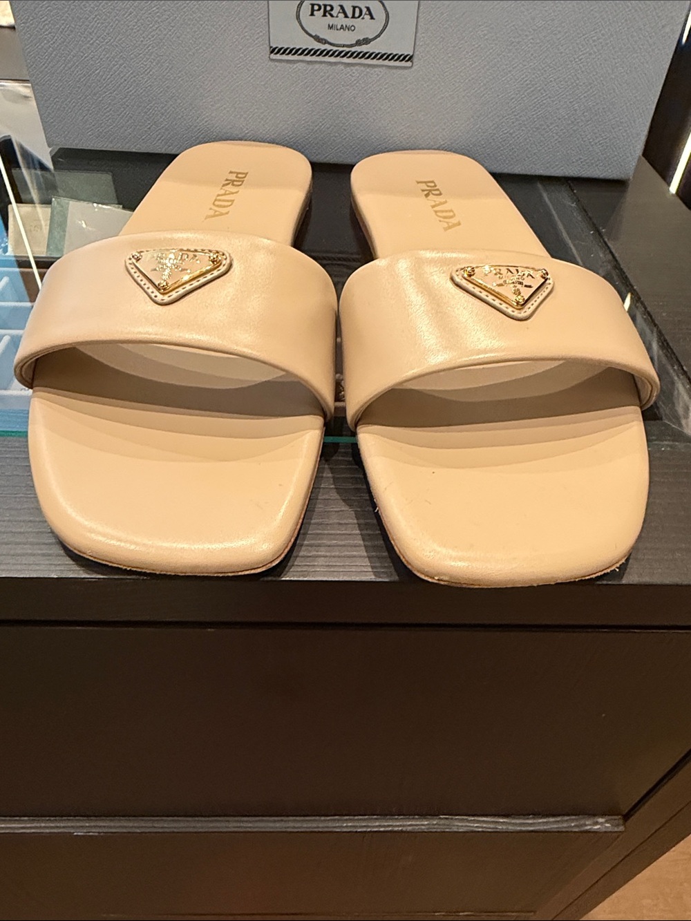 Prada Beige Leather Slide Mules with Triangle Logo - Picture 3 of 7